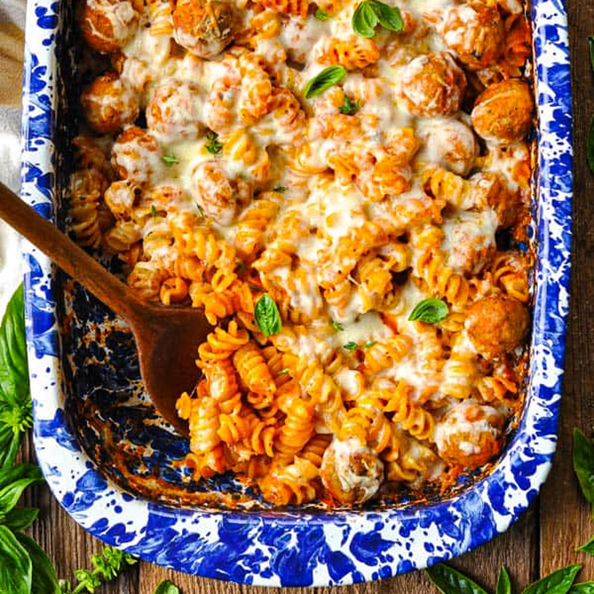 Easy Dump and Bake Meatball Casserole Recipe with Marinara and Pasta