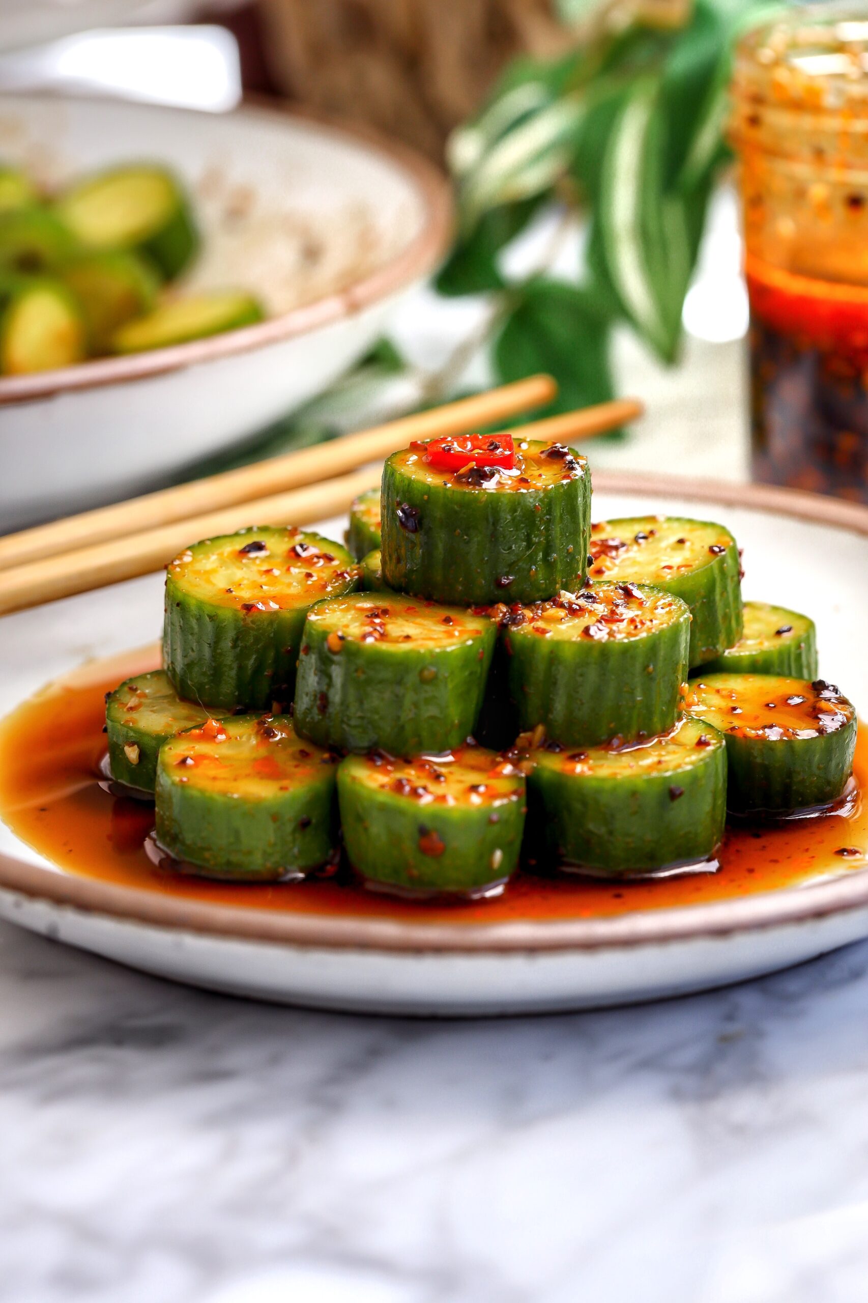 Copycat Din Tai Fung Cucumber Salad Recipe with Chili Oil and Sesame Dressing