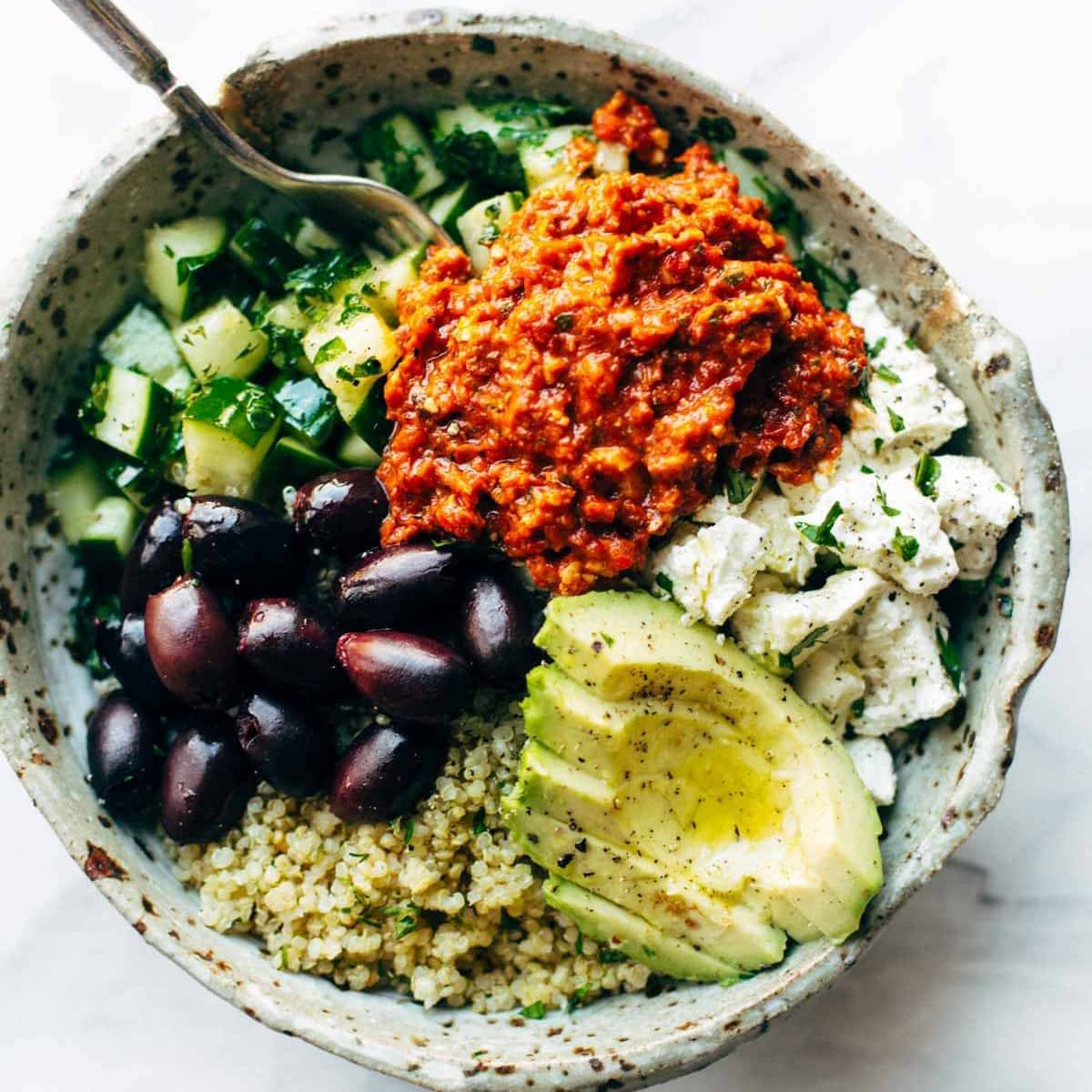 Mediterranean Rice Bowls with Red Pepper Sauce